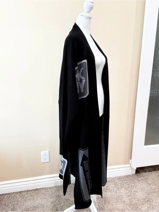 DKNY Black Oversized Patch Logo Cardigan Longline Duster Sweater Size M/L NWOT - Picture 5 of 10